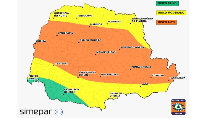  Defesa Civil alerta para risco de tempestades e granizo nesta quarta-feira no Paraná 